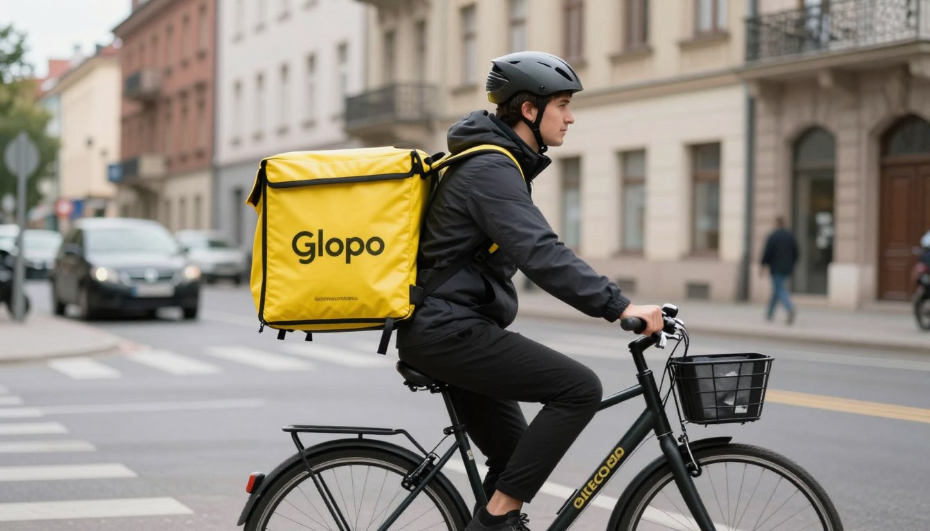 Kurier Glovo dostarczający zamówienie w mieście - ile zarabia kurier glovo