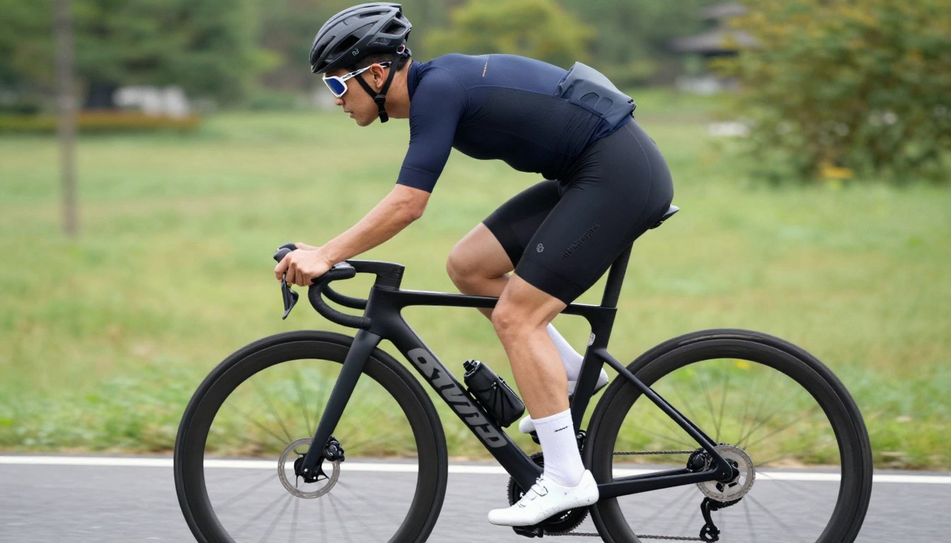 Rowerzysta na prawidłowo dobranym rowerze do wzrostu, pokazujący właściwą pozycję podczas jazdy