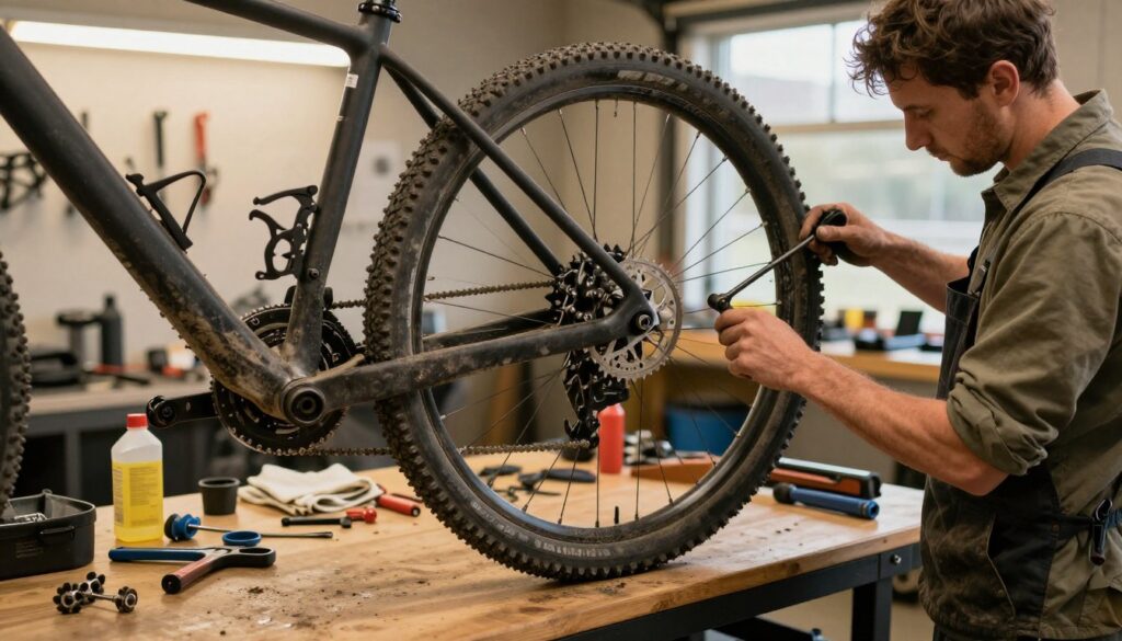 A bicycle being expertly maintained after a long ride, prominently placed in the foreground. The bike is leaning against a sturdy workbench, its wheels and gears highlighted with detail, showcasing dirt and wear from the trail. A mechanic, dressed in casual, practical clothing, is using tools to adjust the bike’s components, focusing on the rear wheel with a wrench. In the middle ground, various bicycle maintenance tools like oil, cloths, and spare parts are neatly organized on the workbench, with soft shadows adding depth. The background features a well-lit garage, with warm lighting filtering through a window, creating a cozy atmosphere. The overall mood conveys diligence and care, emphasizing the importance of bike maintenance after outdoor adventures. A bicycle being expertly maintained after a long ride, prominently placed in the foreground. The bike is leaning against a sturdy workbench, its wheels and gears highlighted with detail, showcasing dirt and wear from the trail. A mechanic, dressed in casual, practical clothing, is using tools to adjust the bike’s components, focusing on the rear wheel with a wrench. In the middle ground, various bicycle maintenance tools like oil, cloths, and spare parts are neatly organized on the workbench, with soft shadows adding depth. The background features a well-lit garage, with warm lighting filtering through a window, creating a cozy atmosphere. The overall mood conveys diligence and care, emphasizing the importance of bike maintenance after outdoor adventures.