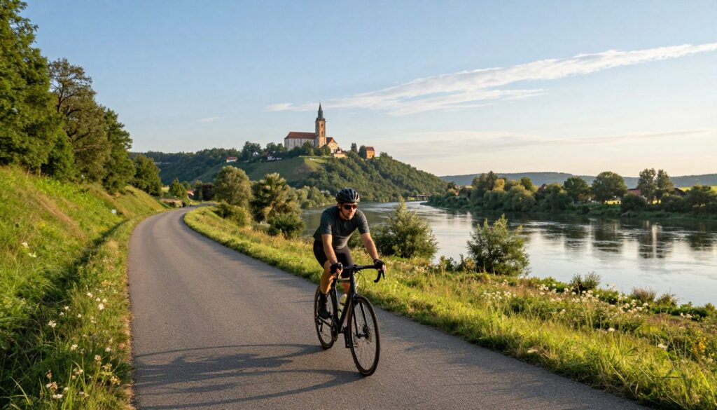 A cyclist riding along the scenic Kraków-Tyniec bicycle route, set in early morning light with a soft golden hue illuminating the landscape. In the foreground, the cyclist, dressed in modest casual sportswear, is focused and enjoying the ride. In the middle ground, the winding pathway is flanked by lush greenery and occasional wildflowers, leading towards the iconic Tyniec Abbey, visible in the distance atop a gentle hill. The background features the serene Vistula River, reflecting the clear blue sky with a few wispy clouds. The atmosphere is tranquil and invigorating, capturing the essence of a peaceful ride. The image is framed to emphasize the journey, using a slightly elevated angle to showcase the road and surrounding nature.