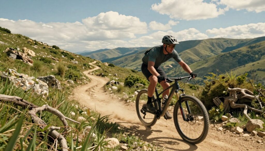 A cyclist skillfully navigating a winding mountain bike trail, showcasing proper riding technique. The foreground features a focused rider in modest athletic wear, leaning slightly forward on a high-quality mountain bike, hands positioned firmly on the handlebars. In the middle ground, a dusty trail winds through lush greenery, accentuated by scattered rocks and roots. The background showcases a stunning panoramic view of rolling hills under a bright blue sky, with soft, fluffy clouds. The scene is bathed in warm, natural sunlight, casting gentle shadows that enhance the sense of action and motion. The composition captures a sense of adventure and skill in outdoor cycling, ideal for inspiring readers about biking techniques. A cyclist skillfully navigating a winding mountain bike trail, showcasing proper riding technique. The foreground features a focused rider in modest athletic wear, leaning slightly forward on a high-quality mountain bike, hands positioned firmly on the handlebars. In the middle ground, a dusty trail winds through lush greenery, accentuated by scattered rocks and roots. The background showcases a stunning panoramic view of rolling hills under a bright blue sky, with soft, fluffy clouds. The scene is bathed in warm, natural sunlight, casting gentle shadows that enhance the sense of action and motion. The composition captures a sense of adventure and skill in outdoor cycling, ideal for inspiring readers about biking techniques.