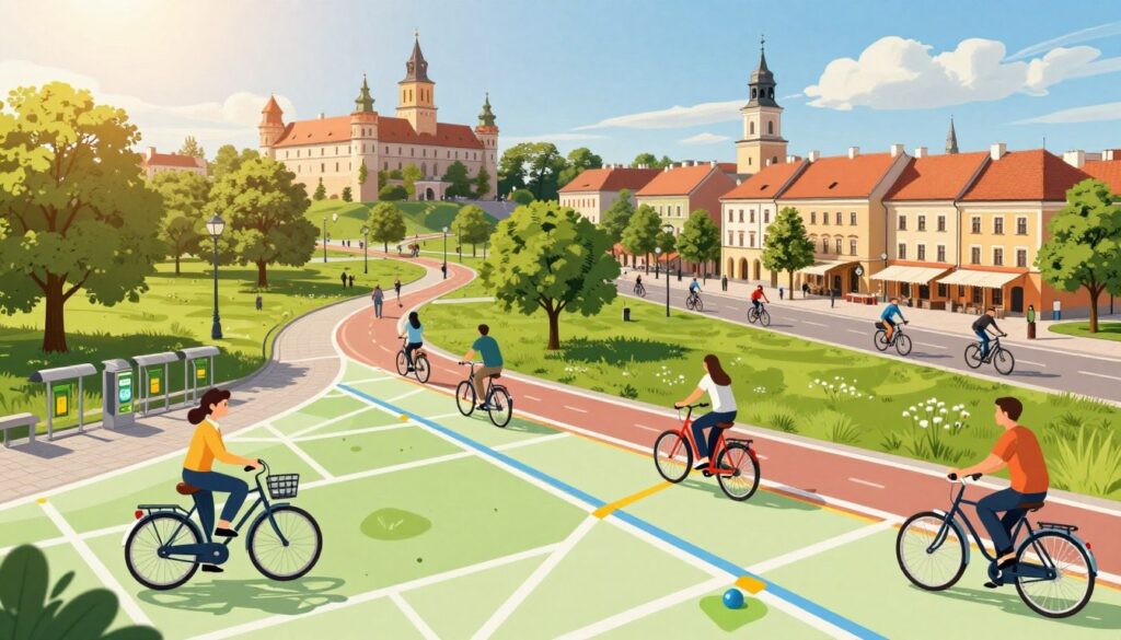 A detailed bicycle map of Lublin, showcasing vibrant cycling paths winding through lush green parks and urban landscapes. In the foreground, illustrations of bicycles parked near rental stations with a friendly rental agent assisting customers. The middle ground features local landmarks, such as the medieval Castle of Lublin and the vibrant Market Square, surrounded by cyclists enjoying their ride. The background captures a sunny sky with light clouds, emphasizing a warm and inviting atmosphere. The scene is infused with a sense of adventure and community, encouraging exploration. The image is bright and colorful, with warm lighting highlighting the various elements, shot from a slightly elevated angle to capture the dynamic layout of the map. A detailed bicycle map of Lublin, showcasing vibrant cycling paths winding through lush green parks and urban landscapes. In the foreground, illustrations of bicycles parked near rental stations with a friendly rental agent assisting customers. The middle ground features local landmarks, such as the medieval Castle of Lublin and the vibrant Market Square, surrounded by cyclists enjoying their ride. The background captures a sunny sky with light clouds, emphasizing a warm and inviting atmosphere. The scene is infused with a sense of adventure and community, encouraging exploration. The image is bright and colorful, with warm lighting highlighting the various elements, shot from a slightly elevated angle to capture the dynamic layout of the map.