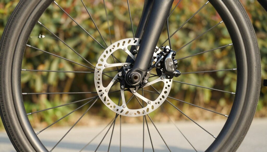 A detailed close-up of a front bicycle wheel featuring disc brakes, showcasing the intricate design of the wheel spokes and the brake mechanism. The foreground should focus on the glossy texture of the rim, capturing the sunlight glinting off its surface. The middle ground includes the well-aligned rotor and caliper of the disc brake, emphasizing their metallic finish and functionality. In the background, softly blurred foliage hints at an outdoor setting, creating a sense of depth. The lighting is bright and even, mimicking a sunny day, with an angle slightly above the wheel to highlight its structure. The mood conveyed is technical and informative, perfect for an instructional context. A detailed close-up of a front bicycle wheel featuring disc brakes, showcasing the intricate design of the wheel spokes and the brake mechanism. The foreground should focus on the glossy texture of the rim, capturing the sunlight glinting off its surface. The middle ground includes the well-aligned rotor and caliper of the disc brake, emphasizing their metallic finish and functionality. In the background, softly blurred foliage hints at an outdoor setting, creating a sense of depth. The lighting is bright and even, mimicking a sunny day, with an angle slightly above the wheel to highlight its structure. The mood conveyed is technical and informative, perfect for an instructional context.