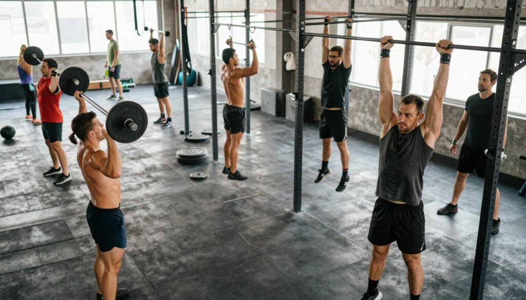 A dynamic CrossFit gym scene showcasing the adaptation of the human body to intensive training. In the foreground, a diverse group of athletes in modest, comfortable workout attire engage in various CrossFit exercises such as lifting weights and performing pull-ups. Capture their focus and determination, emphasizing muscular definition and sweat glistening on their skin, illustrating hard work and resilience. The middle ground features high-tech equipment and exercise mats, with a sense of energy reflected in the members' movements. In the background, large windows let in natural light, creating a bright and motivating atmosphere. Use a slightly elevated angle to encompass the entire fitness environment, conveying the sense of community within this transformative training space. The mood is intense yet supportive, embodying the spirit of personal growth through CrossFit. A dynamic CrossFit gym scene showcasing the adaptation of the human body to intensive training. In the foreground, a diverse group of athletes in modest, comfortable workout attire engage in various CrossFit exercises such as lifting weights and performing pull-ups. Capture their focus and determination, emphasizing muscular definition and sweat glistening on their skin, illustrating hard work and resilience. The middle ground features high-tech equipment and exercise mats, with a sense of energy reflected in the members' movements. In the background, large windows let in natural light, creating a bright and motivating atmosphere. Use a slightly elevated angle to encompass the entire fitness environment, conveying the sense of community within this transformative training space. The mood is intense yet supportive, embodying the spirit of personal growth through CrossFit.