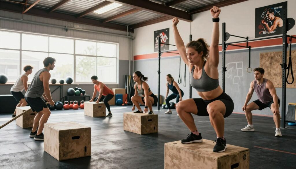 A dynamic composition showcasing the long-term effects of CrossFit on individuals' health and fitness. In the foreground, a group of diverse, fit individuals with visible muscle tone and athletic builds, engaged in a variety of CrossFit exercises, such as lifting weights, performing box jumps, and engaging in rope exercises. The middle ground features a CrossFit gym environment, showcasing equipment like kettlebells, medicine balls, and resistance bands, all under bright, natural lighting that creates an energetic atmosphere. In the background, large windows let in sunlight, illuminating motivational posters on the walls. The mood is inspiring and uplifting, conveying a sense of achievement and community among the athletes. Capture this scene from a slightly low angle to emphasize their efforts and determination. A dynamic composition showcasing the long-term effects of CrossFit on individuals' health and fitness. In the foreground, a group of diverse, fit individuals with visible muscle tone and athletic builds, engaged in a variety of CrossFit exercises, such as lifting weights, performing box jumps, and engaging in rope exercises. The middle ground features a CrossFit gym environment, showcasing equipment like kettlebells, medicine balls, and resistance bands, all under bright, natural lighting that creates an energetic atmosphere. In the background, large windows let in sunlight, illuminating motivational posters on the walls. The mood is inspiring and uplifting, conveying a sense of achievement and community among the athletes. Capture this scene from a slightly low angle to emphasize their efforts and determination.