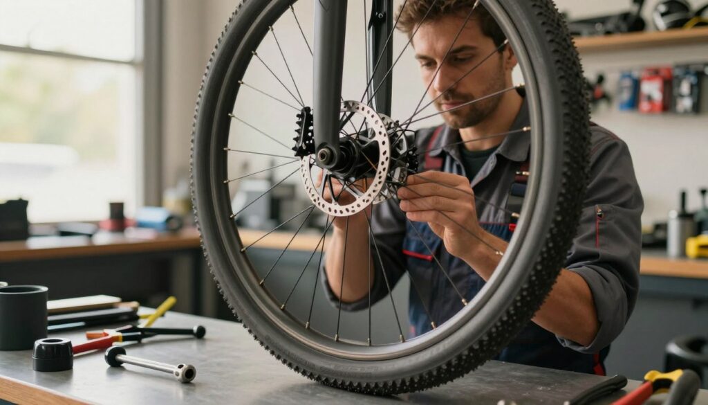 A focused close-up of a mechanic in professional attire, carefully inspecting a bicycle front wheel mounted with a disc brake. The foreground features detailed tools scattered on a workbench, such as a torque wrench and bicycle tire levers. In the middle, the mechanic is adjusting the wheel's alignment, showcasing precision and attention to detail. The background contains a well-organized garage space with bike parts and accessories neatly displayed. Natural lighting filters through a window, illuminating the scene with a warm, inviting glow, emphasizing the meticulous nature of the task. Capture this moment from a slightly elevated angle, conveying a sense of determination and expertise in the atmosphere, highlighting the importance of proper assembly and testing for safety. A focused close-up of a mechanic in professional attire, carefully inspecting a bicycle front wheel mounted with a disc brake. The foreground features detailed tools scattered on a workbench, such as a torque wrench and bicycle tire levers. In the middle, the mechanic is adjusting the wheel's alignment, showcasing precision and attention to detail. The background contains a well-organized garage space with bike parts and accessories neatly displayed. Natural lighting filters through a window, illuminating the scene with a warm, inviting glow, emphasizing the meticulous nature of the task. Capture this moment from a slightly elevated angle, conveying a sense of determination and expertise in the atmosphere, highlighting the importance of proper assembly and testing for safety.
