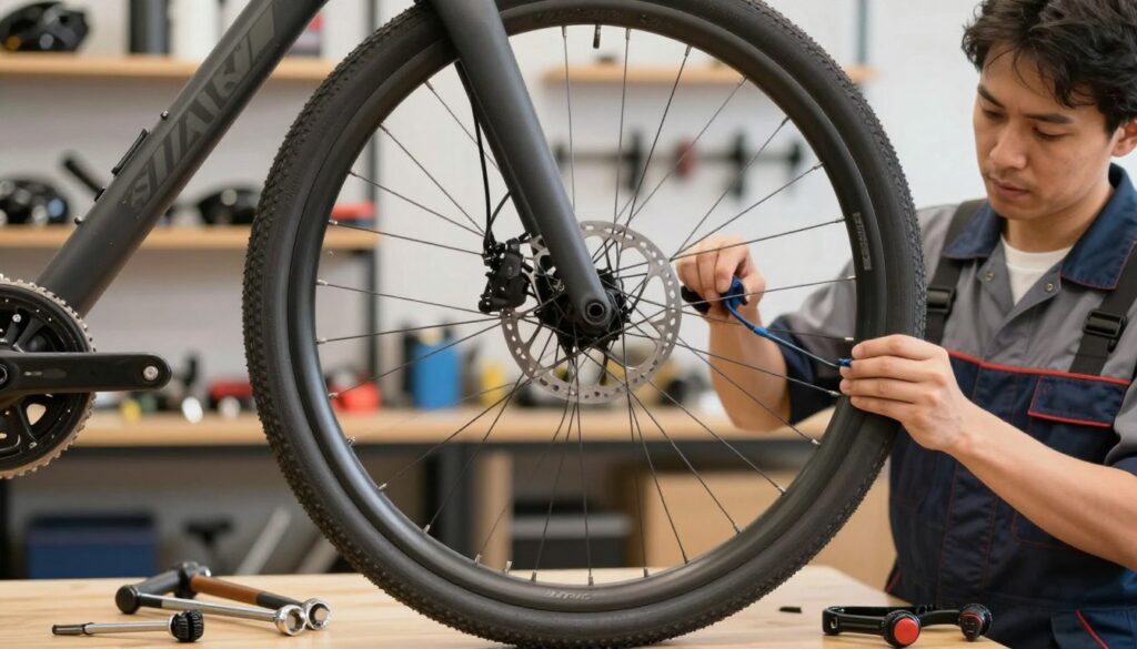 A mechanic skillfully installing a front bicycle wheel equipped with a disc brake. In the foreground, the bicycle's front fork and new wheel are prominently featured, showcasing the intricate disc brake system. Tools such as a wrench and other bicycle repair equipment are nearby, adding context. The mechanic, dressed in a professional mechanic's uniform, is focused, demonstrating expertise as they align the wheel. In the middle ground, a well-lit workshop environment with shelves of tools and bike parts creates a practical atmosphere. The background features soft-focus shelves to keep the emphasis on the bike. The lighting is bright, enhancing the metallic textures of the bike components, while the overall mood reflects diligence and craftsmanship in bicycle maintenance. A mechanic skillfully installing a front bicycle wheel equipped with a disc brake. In the foreground, the bicycle's front fork and new wheel are prominently featured, showcasing the intricate disc brake system. Tools such as a wrench and other bicycle repair equipment are nearby, adding context. The mechanic, dressed in a professional mechanic's uniform, is focused, demonstrating expertise as they align the wheel. In the middle ground, a well-lit workshop environment with shelves of tools and bike parts creates a practical atmosphere. The background features soft-focus shelves to keep the emphasis on the bike. The lighting is bright, enhancing the metallic textures of the bike components, while the overall mood reflects diligence and craftsmanship in bicycle maintenance.
