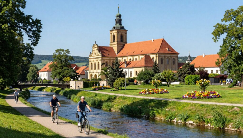 A picturesque scene of Tyniec, Poland, showcasing the charming attractions for tourists. In the foreground, a tranquil river flows with cyclists enjoying the trail on a sunny day, dressed in casual yet modest clothing. The middle ground features the iconic Tyniec Abbey, its historical architecture gracefully framing the landscape. Lush greenery surrounds the abbey, with vibrant flower beds adding a pop of color. In the background, rolling hills under a clear blue sky complete the idyllic setting. Soft sunlight casts gentle shadows, creating a warm and inviting atmosphere. The scene captures the essence of nature and history harmoniously blending, inviting viewers to explore Tyniec's treasured sights. The composition should be viewed from a slightly elevated angle, enhancing the depth and detail of this tranquil retreat.