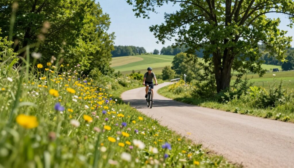 A scenic cycling route near Lublin leading to Nałęczów, showcasing a lush green landscape. In the foreground, a winding path lined with vibrant wildflowers and tall grass, inviting cyclists to explore. In the middle ground, a cyclist in modest casual attire rides along the path, surrounded by trees with dappled sunlight filtering through the leaves. The background features rolling hills and a clear blue sky, evoking a serene, peaceful atmosphere perfect for a weekend ride. The image captures the beauty of nature and the joy of outdoor cycling. The lighting is bright and warm, emphasizing the inviting feel of a sunny day. A wide-angle perspective enhances the sense of openness and adventure, while keeping the focus on the cycling experience. A scenic cycling route near Lublin leading to Nałęczów, showcasing a lush green landscape. In the foreground, a winding path lined with vibrant wildflowers and tall grass, inviting cyclists to explore. In the middle ground, a cyclist in modest casual attire rides along the path, surrounded by trees with dappled sunlight filtering through the leaves. The background features rolling hills and a clear blue sky, evoking a serene, peaceful atmosphere perfect for a weekend ride. The image captures the beauty of nature and the joy of outdoor cycling. The lighting is bright and warm, emphasizing the inviting feel of a sunny day. A wide-angle perspective enhances the sense of openness and adventure, while keeping the focus on the cycling experience.