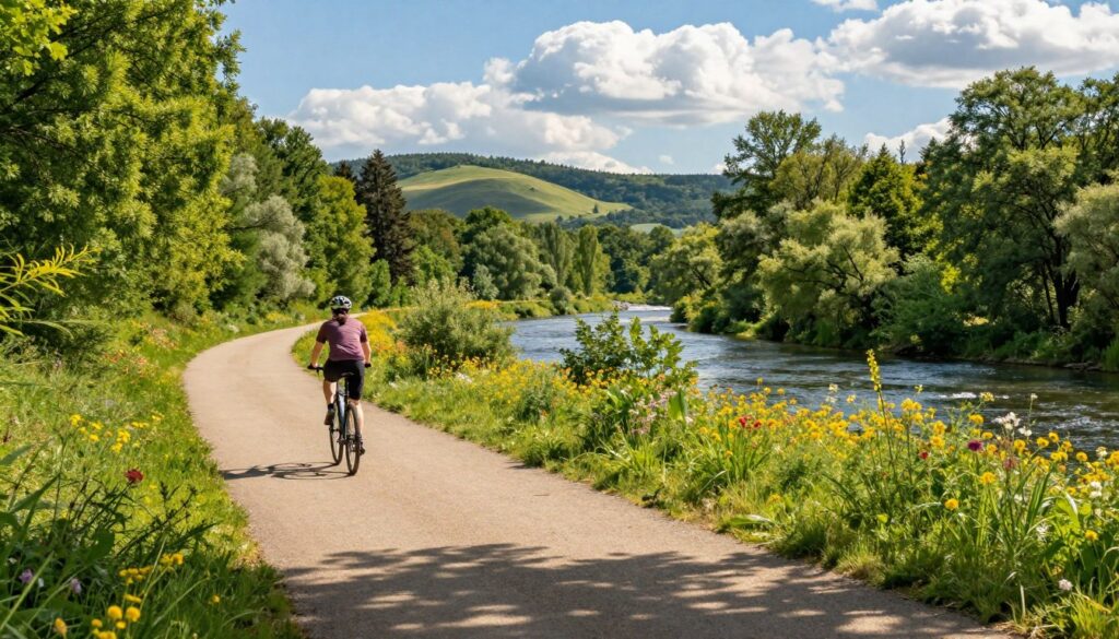 A scenic view of the Skołczanka River Nature Reserve, showcasing a beautiful cycling path winding through lush green trees and vibrant wildflowers. In the foreground, a well-paved bike trail with a cyclist dressed in casual athletic clothing rides comfortably, enjoying the serene landscape. The middle ground features diverse flora and glimpses of the sparkling river, capturing the essence of nature. In the background, gentle hills rise under a clear blue sky, with fluffy white clouds casting soft shadows on the ground. The image is illuminated by warm, natural sunlight, creating a peaceful and inviting atmosphere ideal for outdoor activities. This picturesque setting evokes a sense of adventure and tranquility, perfect for cyclists exploring the area.