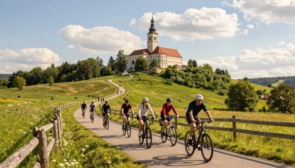 A serene biking trail in Małopolska, showcasing sustainable cycling tourism. In the foreground, a diverse group of cyclists in modest casual clothing enjoy their ride on a well-maintained, winding path. In the middle ground, picturesque hills covered with lush greenery and rustic wooden fences frame the trail, alongside blooming wildflowers and local fauna. The background features a clear blue sky with soft, fluffy clouds above the iconic Tyniec monastery perched on a hill, adding a historical touch. The lighting is warm and inviting, creating an atmosphere of tranquility and adventure. The scene captures the essence of eco-friendly travel, emphasizing harmony with nature amidst the vibrant landscape.