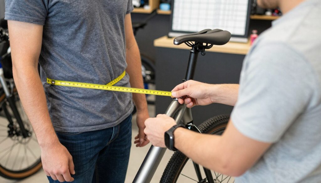 Osoba mierząca swoją wysokość w sklepie rowerowym w celu dobrania odpowiedniego rozmiaru ramy