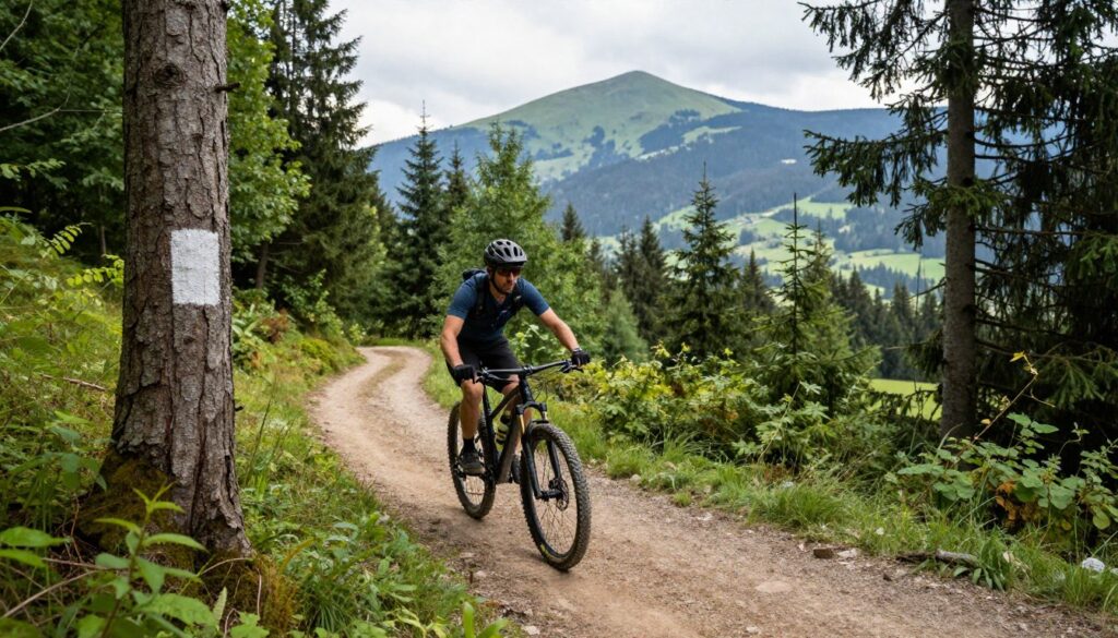 Rowerzysta na górskim szlaku w Beskidach Rowerzysta na górskim szlaku w Beskidach