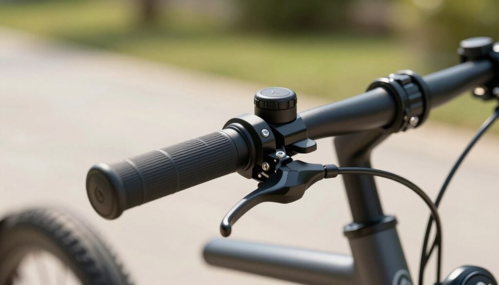 A close-up of a high-quality electric bike throttle grip, showcasing a sleek and modern design. The throttle is made of durable materials, featuring ergonomic contours and a glossy finish, emphasizing its functional aesthetic. In the foreground, focus on the throttle's control features, including a thumb-operated lever and wiring for electrical connections. In the middle ground, depict a short section of an e-bike's handlebar, giving context to where the throttle is mounted. The background should be softly blurred to suggest an outdoor setting, perhaps a pathway or park environment, with natural sunlight illuminating the scene to create a bright and inviting atmosphere. Use a shallow depth of field to draw attention to the throttle mechanism itself, conveying both sophistication and practicality.