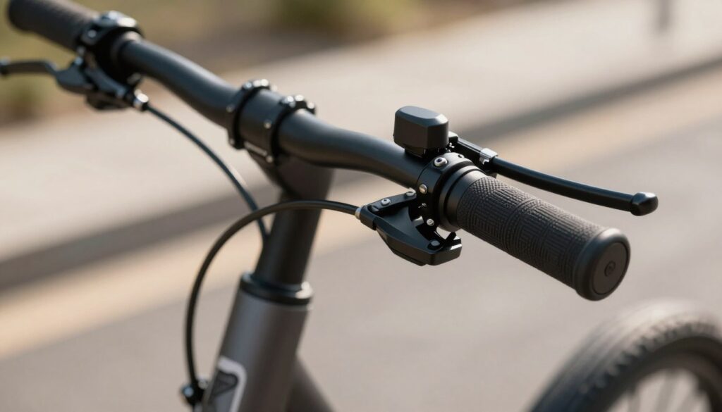A close-up view of an electric bike throttle, showcasing its sleek design and essential components. The foreground features the throttle grip, detailed with textured rubber for a comfortable hold, and visible wiring connecting to the bike's electrical system. In the middle, focus on the bike's handlebars, with the throttle positioned prominently, emphasizing functionality. The background depicts a blurred urban environment, hinting at a bike path or cityscape, enhancing the image's context. Soft, natural lighting casts gentle shadows, creating a warm atmosphere, while a shallow depth of field highlights the throttle's intricate details. The overall mood is one of innovation and practicality, capturing the essence of riding an e-bike efficiently.