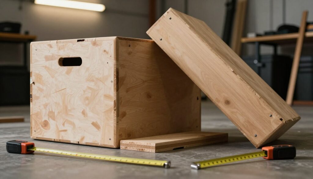 A detailed depiction of common construction errors in building a CrossFit plyometric box. In the foreground, showcase several improperly assembled wooden box sections, highlighting gaps, uneven edges, and incorrect dimensions, with measuring tape and tools scattered around. In the middle ground, present a partially constructed box leaning at an awkward angle, with visible mistakes like mismatched screws and unstable joints. The background features a dimly lit garage setting with soft, warm overhead lighting to create an inviting atmosphere, enhancing the focus on the building errors. Use a shallow depth of field to blur the background slightly, emphasizing the misunderstood craftsmanship. The overall mood conveys a mix of frustration and learning, ideal for an instructional context.