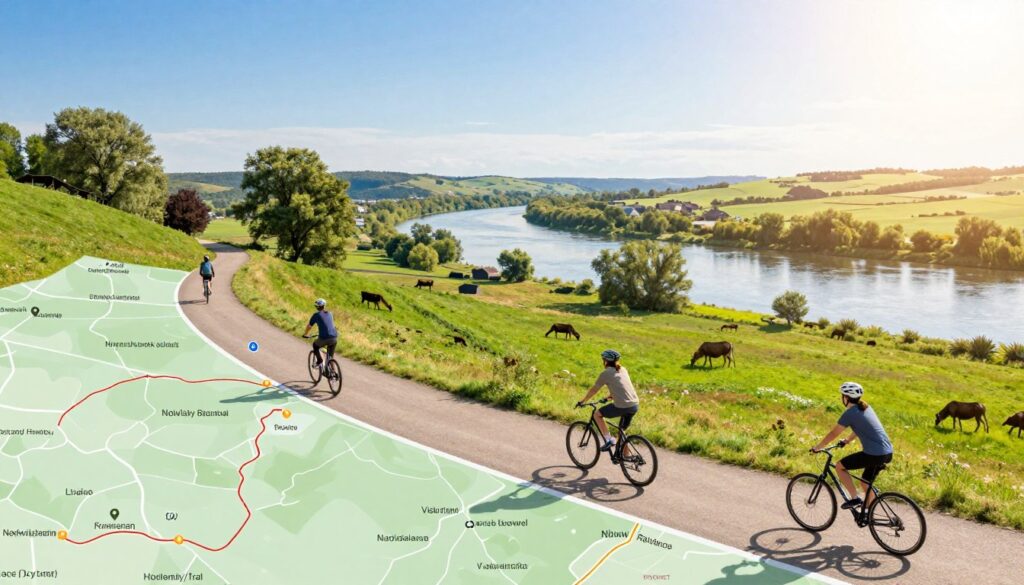 A detailed map of the Nadwiślański cycling trail, showcasing various routes and landmarks along the Vistula River. In the foreground, illustrate a winding bike path with cyclists enjoying the scenery, depicted in casual, modest clothing. In the middle, include vibrant green landscapes dotted with trees and scenic views of the river, while local wildlife adds life to the scene. The background features soft rolling hills under a clear blue sky, with the sun casting warm, inviting light, creating a relaxing and adventurous atmosphere. Capture the essence of outdoor exploration and cycling safety, emphasizing the beauty and accessibility of the trail. Use a wide-angle lens perspective to evoke a sense of openness and adventure.