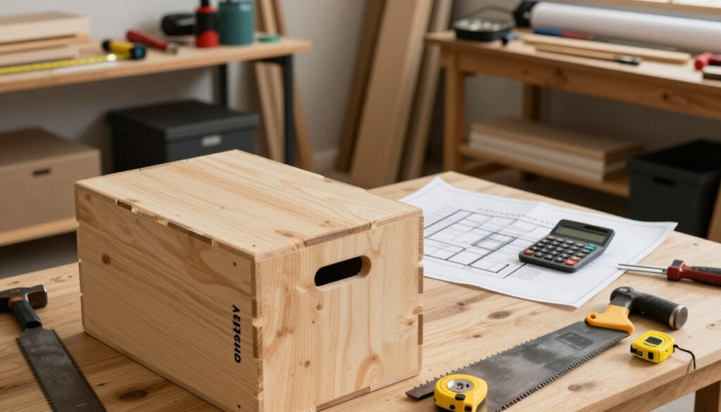 A detailed scene showcasing the construction costs of a DIY CrossFit plyo box. In the foreground, a wooden plyo box partially assembled, with tools like a saw, hammer, and measuring tape scattered around. Rich textures of the wood and tools should be visible. In the middle ground, a plan or blueprint laid out alongside a calculator displaying numbers, suggesting the budgeting process. The background features a well-lit workshop environment, with shelves of materials and tools neatly organized, highlighting a creative workspace. Soft, warm lighting enhances the inviting atmosphere, creating a sense of motivation and DIY spirit. The angle should be slightly above eye level, capturing the entire scene with clarity and depth.