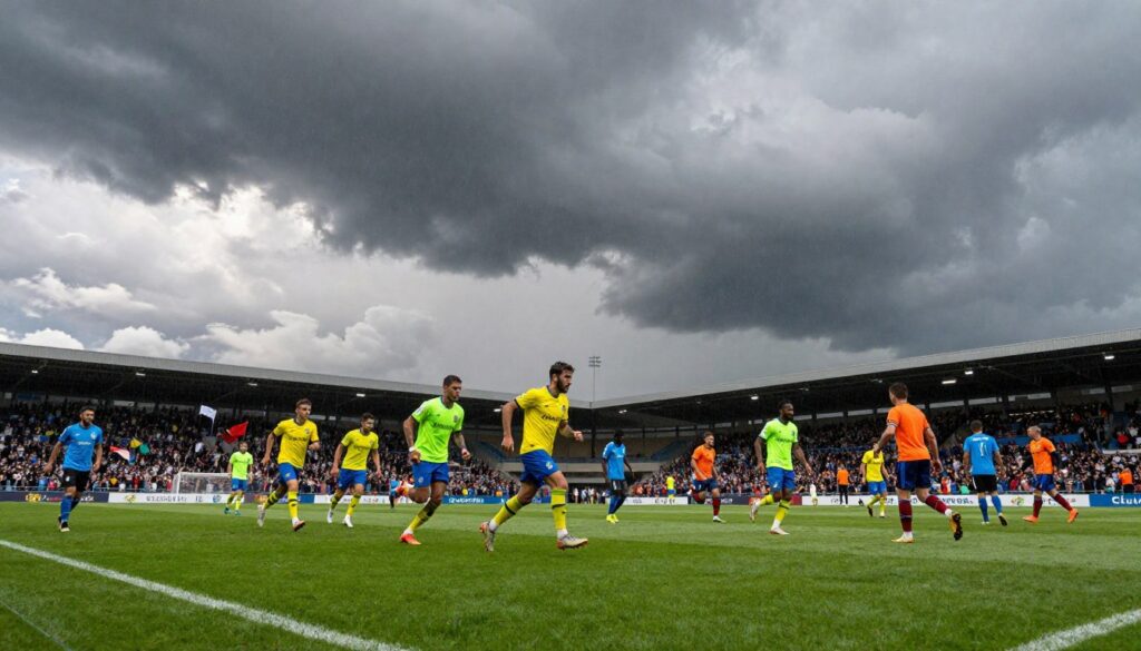 A dynamic scene depicting soccer players in action on a vibrant grass field during unpredictable weather conditions. The foreground features a group of athletes, clad in bright, professional soccer kits, sprinting energetically across the field, demonstrating varying running postures. In the middle ground, swirling clouds suggest an impending storm, with patches of sunlight breaking through, creating dramatic lighting and shadows. Raindrops begin to fall, adding a sense of urgency and intensity. The background showcases a packed stadium filled with cheering fans, while banners flutter in the wind. The overall mood is tense yet exhilarating, capturing the impact of the weather on the players' performance. The image is vividly colorful, highlighting the contrast between the stormy sky and the vibrant field. The perspective is slightly low-angle, emphasizing the athletes' determination and the looming atmospheric conditions.