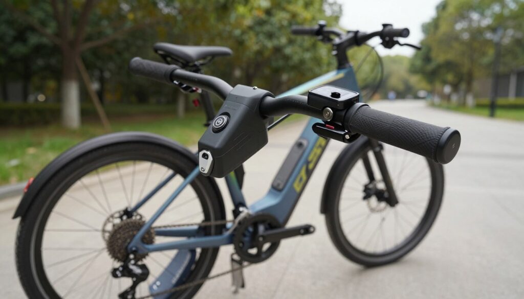 A dynamic scene showcasing alternative throttle systems for electric bikes, featuring a close-up of a sophisticated pedal assist mechanism in the foreground, alongside a handlebar equipped with a torque sensor and an intuitive control panel. In the middle ground, display an electric bike in a sleek, modern style with a vibrant frame, emphasizing the innovative designs of various alternatives to traditional throttle grips. The background should feature a serene outdoor setting with soft, natural lighting, highlighting the bike’s surroundings, such as trees and a paved path. Capture the essence of technology and sustainability, creating an inspiring mood that conveys the future of electric biking. Use a wide-angle lens perspective to emphasize depth and detail.