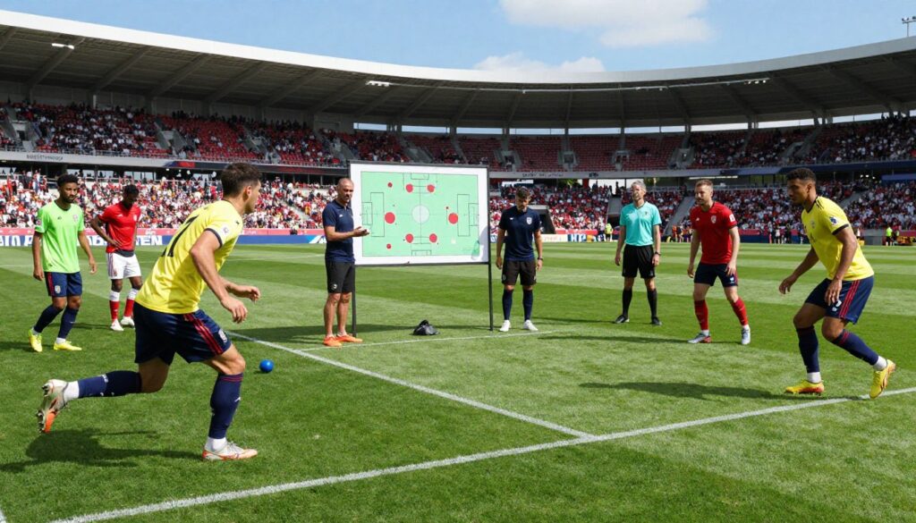 A dynamic soccer field scene showcasing tactical strategies and game distance. In the foreground, a diverse group of professional soccer players in colorful jerseys, engaged in various drills, emphasizing running patterns and formations. One player is sprinting, illustrating distance covered, while another is marking an opponent. The middle ground features a tactical board with diagrams of formations, surrounded by coaches discussing strategies. The background depicts a vibrant stadium, filled with cheering fans and a clear blue sky, enhancing the atmosphere of competition. Aim for vivid colors and crisp details with natural lighting to create an energetic and focused mood, capturing the essence of soccer tactics and distances covered during matches.