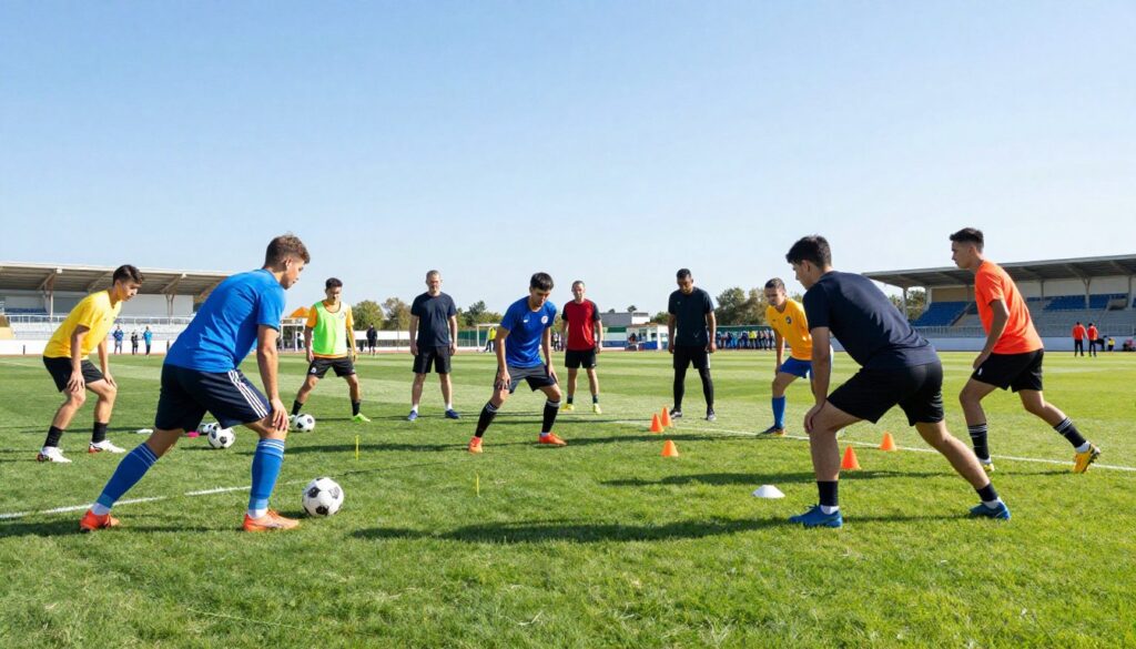 A dynamic soccer warm-up scene set on a lush green field under a bright blue sky. In the foreground, a diverse group of dedicated male and female soccer players in professional athletic gear performs various stretching and agility drills, demonstrating teamwork and focus. In the middle ground, coaches observe and provide guidance, with cones and training equipment arranged neatly around them. The background features distant spectators and a well-maintained stadium, enhancing the atmosphere of anticipation. The lighting is bright and sunny, casting soft shadows on the grass, capturing the energy and excitement of pre-match preparations. The overall mood is vibrant, energetic, and focused, evoking the spirit of competitive sports and teamwork.