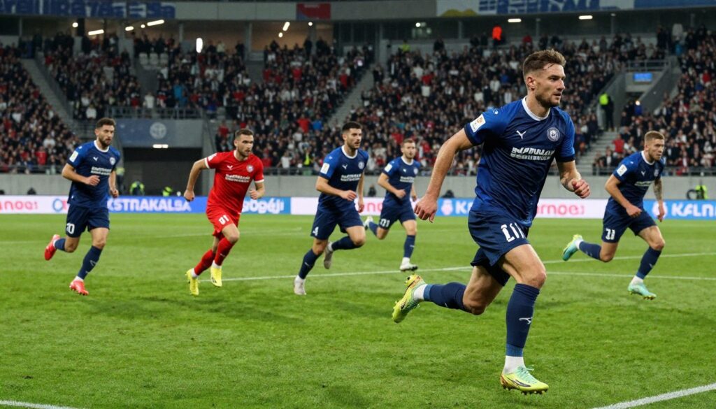 A dynamic visualization of football players from the Ekstraklasa league energetically sprinting on a well-maintained grass pitch, showcasing various running postures and movements. In the foreground, a focused player, wearing a typical Ekstraklasa jersey, can be seen pushing forward, while in the mid-background, teammates are depicted bounding in formation, emphasizing teamwork and athleticism. The background features a packed stadium with cheering fans under bright floodlights, creating an energetic atmosphere. The scene captures the essence of competitive sports, with a wide-angle view that enhances the scale of the pitch. The lighting is vibrant, highlighting the players’ muscular builds and the vibrant colors of their kits, conveying excitement and intensity. The composition aims to illustrate the statistics of distance covered during matches in the Ekstraklasa league.