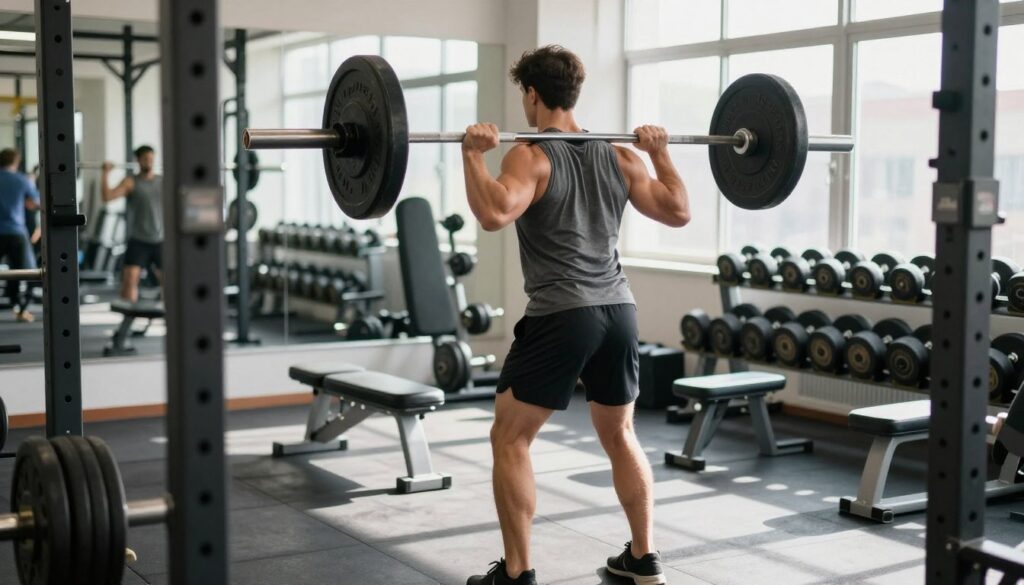 A fitness enthusiast stands in a gym, demonstrating improper weightlifting techniques. In the foreground, the person is lifting a barbell with a rounded back, showcasing a common mistake. In the middle ground, various gym equipment like dumbbells and benches fill the space, creating an active environment. The background features mirrors reflecting the dynamic scene, emphasizing the workout atmosphere. Bright, natural light streams in from large windows, casting soft shadows that add depth. The scene captures the seriousness of training, while a sense of determination and focus prevails. The individual wears a fitted athletic outfit, illustrating a commitment to fitness while making errors, highlighting the importance of proper technique in strength training.