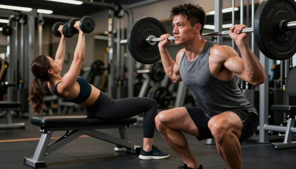 A focused gym setting featuring a male and female athlete performing a hypertrophy training session. In the foreground, the male athlete is executing a barbell squat, showcasing muscular definition and concentration, dressed in a fitted athletic tank top and shorts. The female athlete is in the middle of a dumbbell bench press, emphasizing proper form, and wearing a sports bra and leggings. The background displays gym equipment, such as weights and benches, with ambient lighting highlighting the athletes' muscles and sweat, creating an intense and motivational atmosphere. The camera angle is low and slightly tilted upward, capturing action and dynamic movement, with a soft bokeh effect on the background to keep the focus on the athletes.
