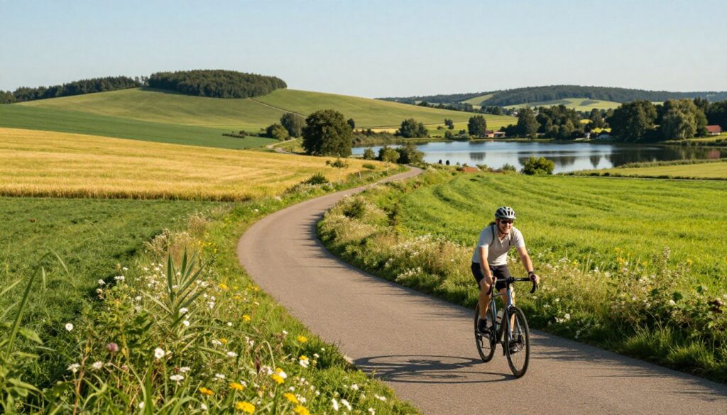 A picturesque view of cycling routes in the Pomerania region, showcasing a variety of alternative bike paths. In the foreground, a winding trail bordered by lush greenery and wildflowers, with a cyclist dressed in modest casual attire, happily pedaling along. In the middle ground, patches of vibrant fields and a gentle lake reflecting the sky, creating a serene atmosphere. The background features rolling hills and a clear blue sky, adding depth to the landscape. Soft, warm lighting casts gentle shadows, giving a feeling of a sunny afternoon. The scene should evoke a sense of adventure and tranquility, ideal for outdoor enthusiasts exploring the beautiful Puck-Hel cycling routes.