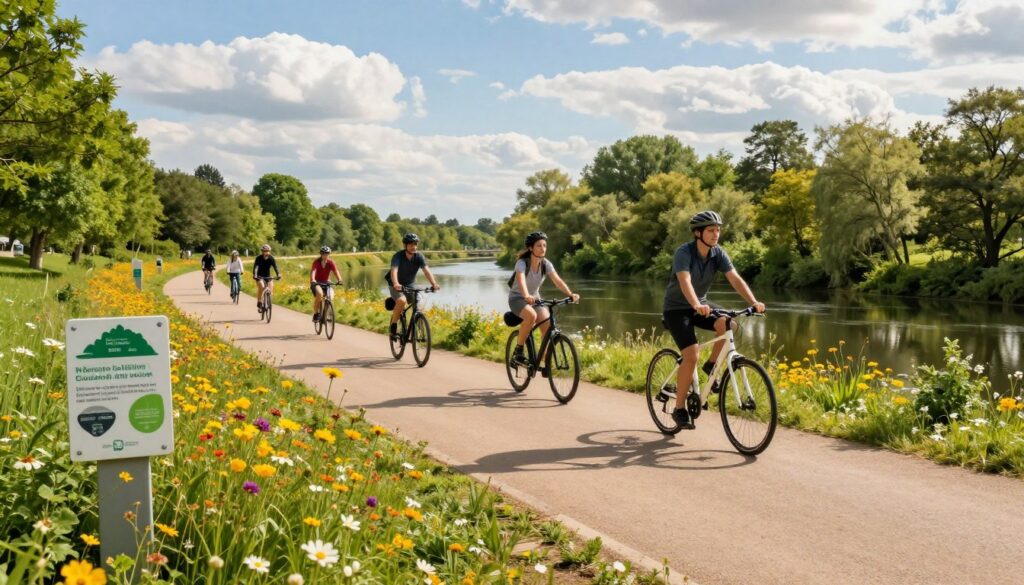 A scenic view along a picturesque bike trail that emphasizes environmental protection. In the foreground, a well-maintained path lined with vibrant wildflowers and small, informative signs about local conservation efforts. In the middle ground, cyclists in modest casual clothing, riding peacefully through lush greenery, showcasing the harmony between nature and recreation. The background features a tranquil river with trees reflecting in the water, under a bright blue sky filled with soft, fluffy clouds. The lighting is warm and inviting, casting gentle shadows that enhance the natural beauty. The atmosphere is serene and harmonious, inviting viewers to appreciate the significance of environmental preservation along this cycling route.