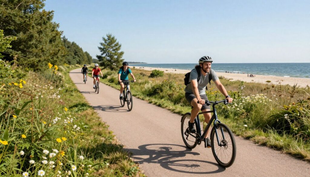 A scenic view of a beginner-friendly bicycle trail on the Hel Peninsula, showcasing a wide, well-maintained path lined with lush greenery and wildflowers. In the foreground, a cyclist in modest casual attire rides comfortably, smiling and enjoying the journey. The middle ground features other cyclists in relaxed poses, emphasizing the trail’s accessibility for beginners. The distant background displays sandy beaches meeting the calm, sparkling waters of the Baltic Sea under a bright, clear blue sky. Soft sunlight casts gentle shadows, creating a warm and inviting atmosphere. The angle should be a dynamic shot capturing the motion of cycling while highlighting the natural beauty of the surroundings. The mood is cheerful, encouraging exploration and enjoyment of the beautiful landscape.