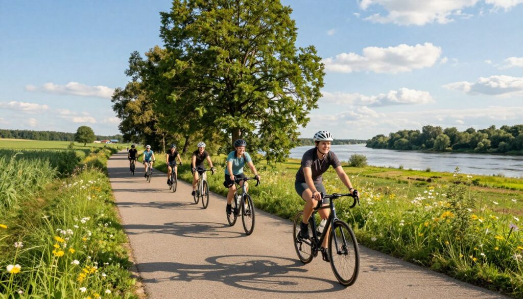 A scenic view of cycling trails in Poland, showcasing diverse landscapes along the Nadwiślańska Trasa Rowerowa. In the foreground, a well-maintained bike path lined with tall greenery and wildflowers, inviting cyclists to explore. The middle ground features cyclists in comfortable, modest clothing enjoying the ride, with smiles on their faces, surrounded by vibrant trees and picturesque fields. In the background, the majestic Vistula River glimmers in the sunlight, under a clear blue sky with soft white clouds. The lighting is warm and inviting, capturing the essence of a bright, sunny day. The atmosphere is lively and serene, embodying the spirit of outdoor adventure and natural beauty in Poland.