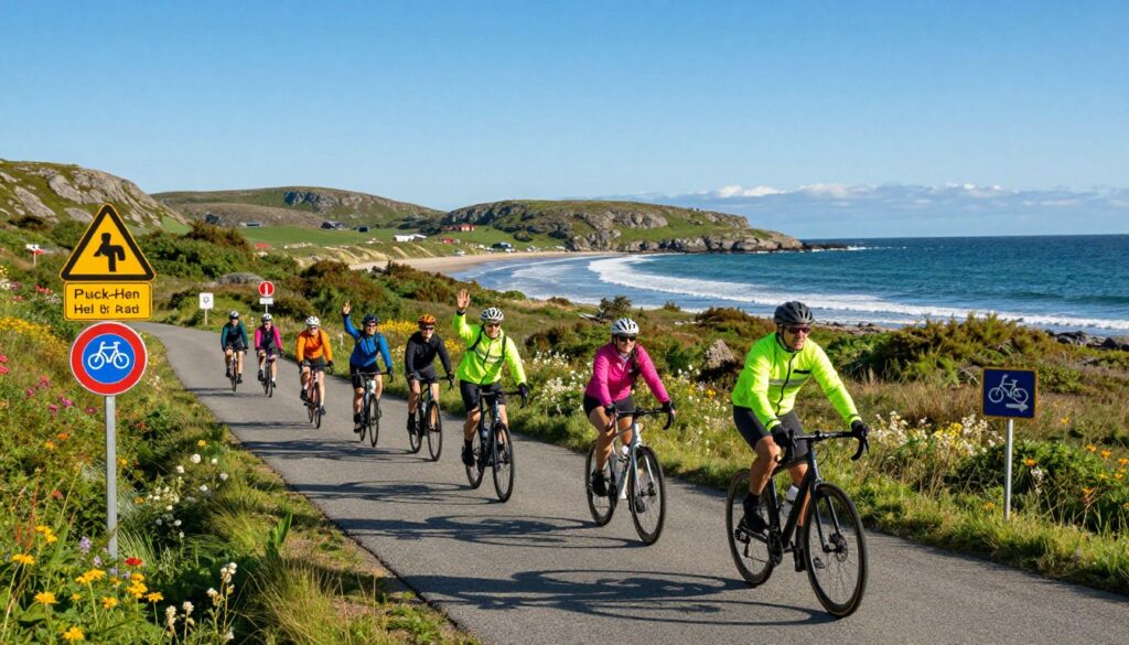 A scenic view showcasing the Puck-Hel cycling route, emphasizing cyclist safety. In the foreground, a diverse group of cyclists, dressed in bright, safety-compliant clothing, gestures positively while riding along a well-maintained bike path. The middle ground features informative road signs and safety indicators, such as bicycle lanes and caution warnings, surrounded by lush greenery and wildflowers. In the background, the serene coastal landscape of the Hel Peninsula stretches towards a striking blue sky, with gentle waves lapping at the shore. The lighting is warm and inviting, reminiscent of a sunny afternoon, creating a welcoming atmosphere for outdoor enthusiasts. The perspective captures the essence of safe cycling practices amidst stunning natural beauty, ensuring that the joyful and adventurous spirit of cycling is paramount.