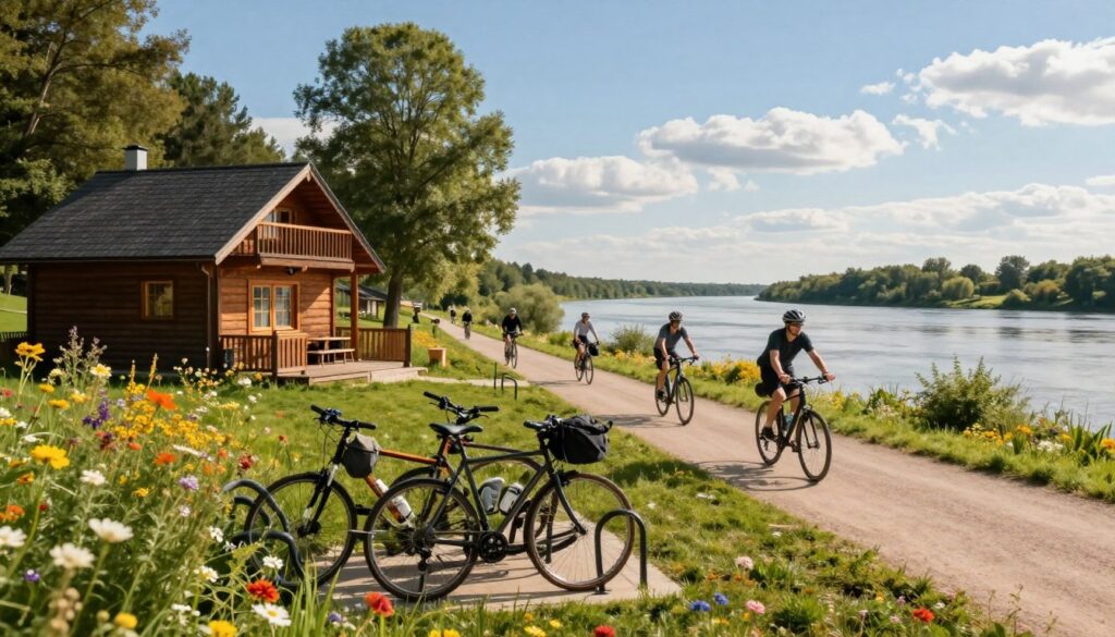 A serene landscape along the Nadwiślańska Cycling Trail, featuring picturesque accommodations for cyclists. In the foreground, a cozy riverside lodge with wooden architecture, surrounded by lush greenery and colorful wildflowers. A clear view of well-maintained bike racks holding bicycles, showcasing the trail's cycling culture. In the middle ground, several cyclists in modest outdoor attire riding past the lodge, enjoying the scenic beauty. The background features the majestic Vistula River, glistening under the warm afternoon sunlight, with soft clouds in a clear blue sky. The atmosphere is inviting and relaxing, embodying the tranquility of rural accommodation along a vibrant cycling trail. The image captures the essence of outdoor adventure and comfort seamlessly blended together.