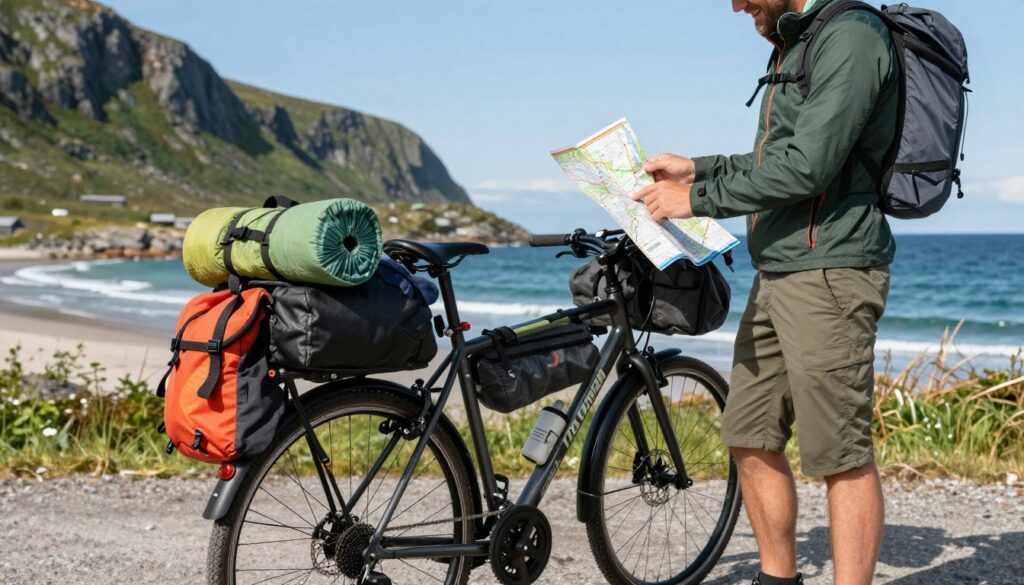 A vibrant scene on a bicycle tour, showcasing essential equipment for a cycling trip to Hel Peninsula. In the foreground, a neatly packed bicycle with a sturdy frame, mounted with a quality bike rack holding neatly rolled sleeping bags, a compact tent, and a colorful picnic backpack. The middle ground features a cyclist dressed in casual athletic clothing, checking a detailed map of the route from Puck to Hel, with a friendly smile. In the background, the scenic coastline of Hel Peninsula is visible under a bright blue sky, with gentle waves lapping at sandy shores. Soft, natural lighting enhances the mood of adventure and exploration, captured from a dynamic angle that emphasizes both the cyclist and the lush surroundings.