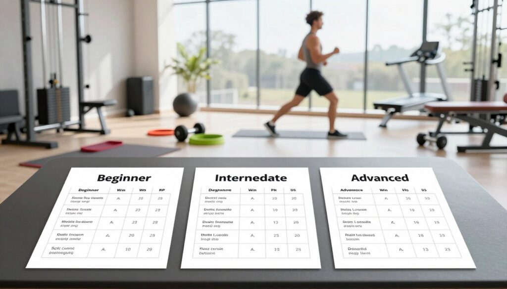 A visually engaging fitness plan illustration featuring three distinct training programs for different skill levels: beginner, intermediate, and advanced. In the foreground, a clear layout of workout charts showing exercises, reps, and sets, placed on a sleek, modern fitness table. The middle ground includes diverse fitness equipment like dumbbells, resistance bands, and a yoga mat, creating a dynamic training environment. In the background, a bright, airy gym setting with large windows allowing natural light to stream in, highlighting the motivational atmosphere. The mood should feel inspiring and energetic, encouraging strength training and personal growth. Use a wide-angle perspective to capture the whole scene with a focus on clarity and organization, emphasizing the importance of structure in training plans. No text or watermarks present.