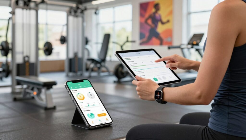 A well-designed gym environment showcasing various fitness applications on digital devices. In the foreground, focus on a sleek smartphone displaying a fitness monitoring app with graphs and statistics, alongside a smart watch tracking heart rate. In the middle ground, a person in professional athletic wear analyzes data on a tablet, demonstrating engagement with their workout plan. The background features modern gym equipment, such as weights and benches, with vibrant, motivational posters on the walls. Use bright, natural lighting to create an energetic atmosphere, with a slight blur on the gym equipment to emphasize the person and their devices in a dynamic, inspiring setting.