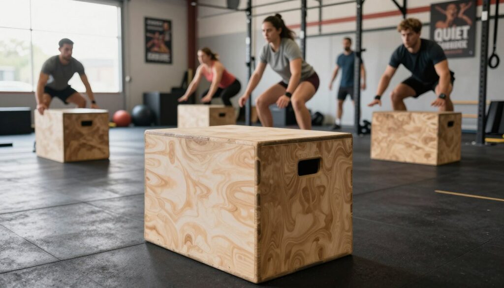 A well-lit gym environment featuring a sturdy, wooden plyo box in focus at the foreground, showcasing its well-crafted edges and smooth finish. In the middle ground, a diverse group of athletes in modest athletic wear are demonstrating proper techniques to use the plyo box for CrossFit exercises, including box jumps. The background reveals gym equipment and motivational posters on the walls, with natural daylight flooding in from large windows, creating a bright and energetic atmosphere. The scene captures the intensity and dedication of a CrossFit training session, highlighting the importance of plyo box maintenance and usage tips.
