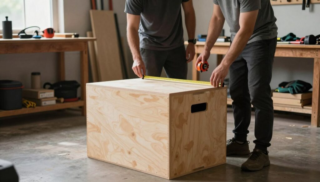 A well-lit workshop scene showcasing a safe CrossFit plyo box construction process. In the foreground, a detailed view of a sturdy plyo box made from high-quality plywood, with precise dimensions and reinforced corners, highlighting its craftsmanship. The middle ground features two individuals, dressed in modest casual clothing, discussing and carefully measuring components with a tape measure and level tool, exuding teamwork and focus. In the background, shelves lined with tools and safety equipment, such as goggles and gloves, set a professional ambiance. Soft, natural lighting filters through a window, illuminating the workspace and casting gentle shadows, creating a mood of safety and diligence in the DIY building process.