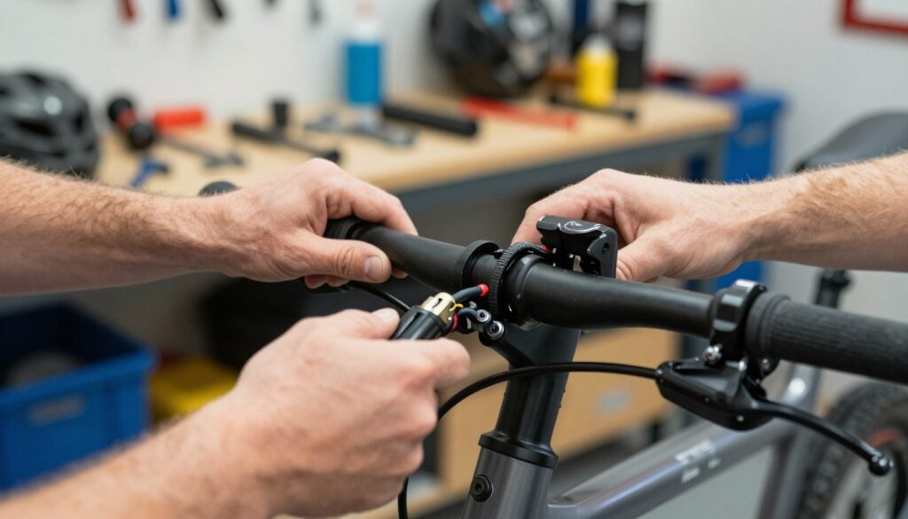 Close-up of a mechanic's hands delicately adjusting the throttle grip (manetka gazu) on an electric bicycle (e-bike). The focus is on the intricate mechanisms of the throttle, showcasing the wiring and components inside a well-maintained bike. In the background, a neatly organized workshop with bicycle repair tools and spare parts is subtly blurred, creating a professional atmosphere. Soft, natural lighting illuminates the workspace, highlighting the craftsmanship and care involved in maintenance. The angle captures the hands in action, emphasizing precision and skill, while maintaining a clean and organized setting. Overall, the mood is focused and diligent, reflecting the importance of regular maintenance to avoid throttle failures.
