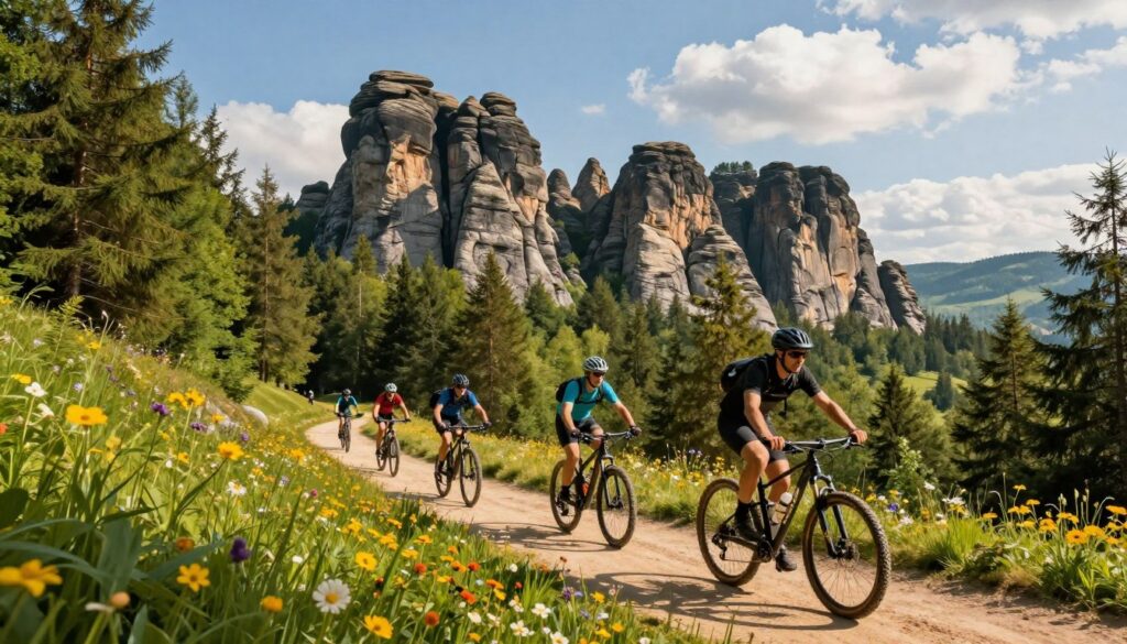 A detailed and vibrant illustration of a scenic mountain biking route in the Góry Stołowe region of Poland. In the foreground, a clear, well-marked mountain biking trail winds through lush green forests, with vibrant wildflowers dotting the sides. The middle ground features a group of cyclists, dressed in practical mountain biking gear, navigating the terrain confidently. In the background, iconic sandstone rock formations rise majestically against a bright, blue sky with soft, fluffy clouds. The scene is bathed in warm, golden sunlight, casting soft shadows and creating a welcoming atmosphere. The composition should convey a sense of adventure and the beauty of nature, ideal for outdoor enthusiasts. The image is devoid of any text, maintaining a clean and professional look.