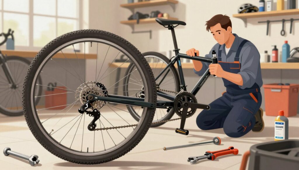 A detailed illustration depicting common bicycle failures in a workshop setting. In the foreground, showcase a flat tire with a wrench and tire levers beside it, emphasizing the repair tools. The middle ground features a bicycle with a broken chain, tools scattered around, including a chain tool and lubricant. In the background, a mechanic in professional attire examines a bicycle frame for cracks or damage, with shelves of bicycle parts and accessories lining the walls. Bright, natural lighting filters in from a window, highlighting the scene's activity. The mood is focused and industrious, inviting viewers into the world of bicycle repair and maintenance.