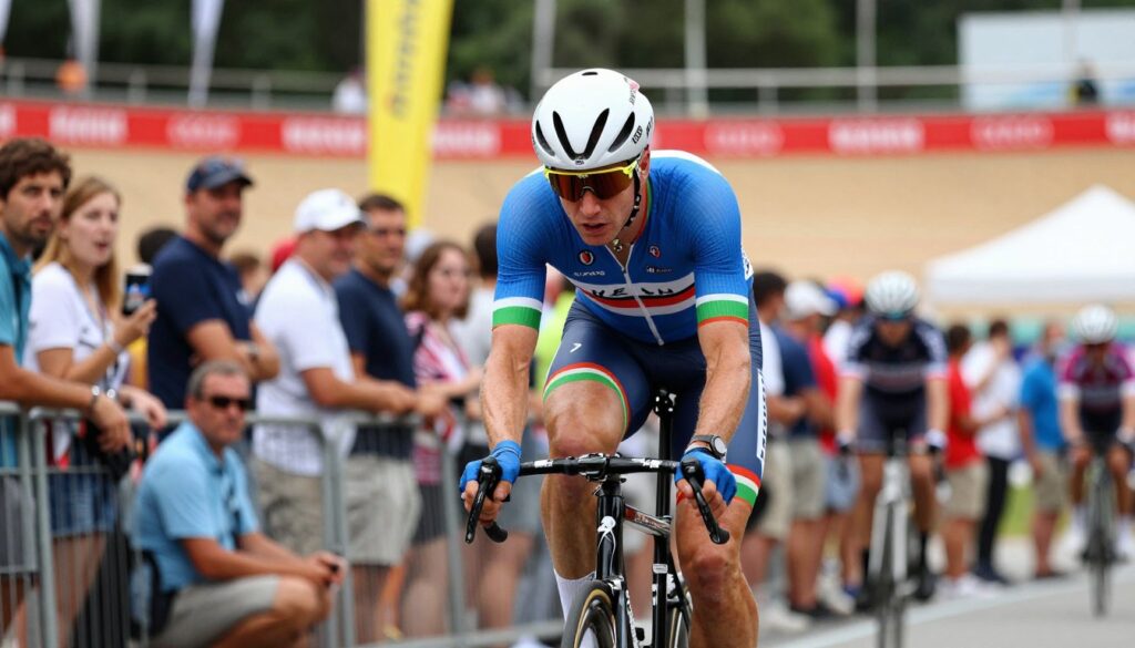 A dramatic scene capturing the essence of Jan Kudra's controversial cycling career. In the foreground, a cyclist in a professional, dynamic pose, wearing a modern cycling kit in patriotic colors, with an intense expression that conveys determination. The middle ground features a crowded cycling event with spectators showing mixed reactions, emphasizing the polarizing nature of his career. In the background, a blurred image of a cycling track surrounded by vivid banners and lights, creating a vibrant atmosphere. The lighting is bright and dynamic, accentuating the movement and energy of the scene, evoking a sense of challenge and tension. The composition is shot from a low angle to enhance the dramatic effect, focusing on both the cyclist's resolve and the surrounding public's diverse emotions.