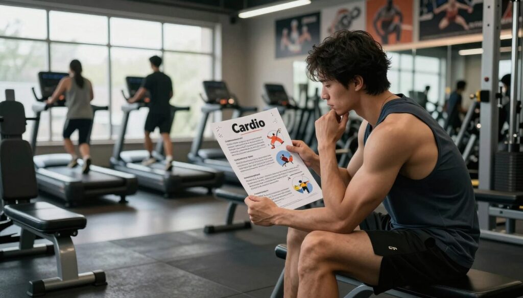 A dynamic scene depicting the concept of myths surrounding cardio after strength training. In the foreground, a fit person in modest athletic clothing, appearing thoughtful while sitting on a gym bench, looks at a perplexing infographic featuring common cardio myths. In the middle ground, a well-equipped gym setting includes weights, cardio machines, and motivational posters on the walls. Soft, natural lighting pours through large windows, creating an inviting atmosphere. In the background, the silhouettes of people engaging in various exercises highlight the contrast between strength training and cardio workouts. The overall mood is contemplative yet energetic, capturing the essence of fitness and challenging misconceptions about cardio post-strength training.