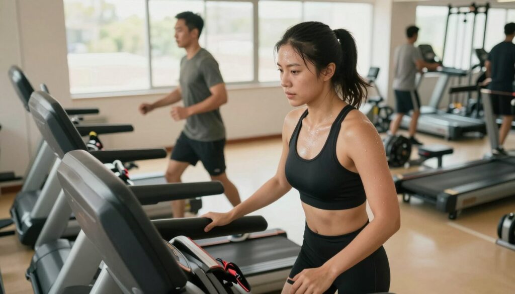 A fitness setting in a bright gym, showcasing a well-trained individual in sportswear, completing a cardio workout after strength training. In the foreground, the person is on a treadmill, focused and determined, with a slight sheen of sweat indicating effort. The middle layer includes exercise equipment like weights and resistance bands, conveying an active environment. The background features large windows letting in natural light, enhancing the upbeat and motivating atmosphere. Soft, diffused lighting creates a warm ambiance, emphasizing the theme of fitness and recovery. The angle is slightly elevated, providing a comprehensive view of the workout space while keeping the individual as the focal point, exuding energy and commitment to post-strength training cardio.