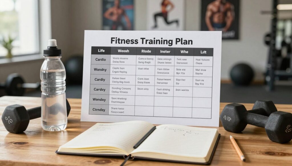 A fitness training plan layout on a wooden table, featuring a clear, well-organized weekly workout schedule for fat loss. The foreground shows an open notebook with neat handwritten notes and a pencil beside it, alongside a water bottle and a set of dumbbells. In the middle, a printed plan outlines cardio and strength training exercises, highlighting a balanced approach. The background features a softly blurred gym environment with motivational posters on the walls. The scene is well-lit with natural light streaming in from a nearby window, creating an inviting and energetic atmosphere. The overall mood conveys focus, motivation, and the importance of a structured training regimen without any text distractions.