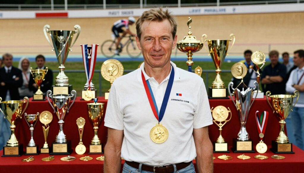A prestigious scene showcasing Jan Kudra, a legendary Polish cyclist, surrounded by an array of his cycling awards and trophies. In the foreground, a gleaming gold medal hangs prominently around his neck, symbolizing his victories. Kudra is portrayed in modest casual clothing that reflects his athletic background. The middle ground features an impressive display of trophies and medals, with variety in shapes and sizes, all shining under warm spotlight lighting. The background includes a blurred cycling track, depicting the sport he loves, with a hint of cheering fans. The overall atmosphere is one of triumph and dedication, celebrating his achievements in Polish cycling history. The image should evoke inspiration and admiration, inviting viewers into the world of competitive cycling.