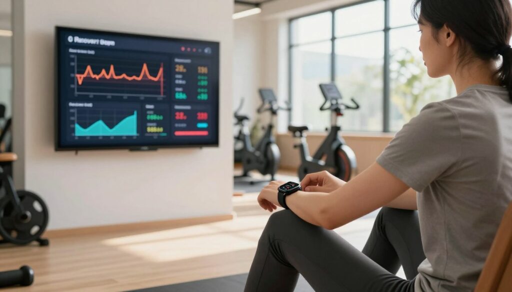 A professional and serene fitness environment showcasing the process of monitoring recovery after training. In the foreground, a person dressed in modest athletic wear is sitting on a gym mat, using a smartwatch to assess their heart rate, displaying data metrics. In the middle ground, a wall-mounted display shows a variety of health stats, such as heart rate variability and recovery progress, with colorful graphs. The background features gym equipment, like weights and exercise bikes, softly blurred to maintain focus. Natural lighting streams through large windows, creating a warm and inviting atmosphere. The overall mood conveys a sense of calm and dedication to health, emphasizing the importance of tracking recovery in an athletic lifestyle.