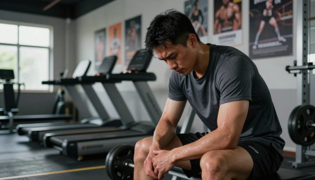 A professional athlete in a training environment, displaying signs of overtraining, such as fatigue and muscle soreness. The foreground features the athlete sitting on a gym bench, looking tired with sweat on their brow, wearing a breathable workout shirt and shorts. In the middle, gym equipment like weights and a treadmill suggest an intense workout setting. The background shows a wall lined with motivational posters and a window letting in soft, natural light that creates a focused atmosphere. The scene is framed from a low angle, emphasizing the athlete's worn expression against the backdrop of a fitness environment, conveying a sense of struggle and determination. The overall mood is intense yet reflective, capturing the consequences of overtraining.